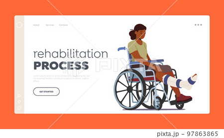 Rehabilitation Process Landing Page Template. Unhappy Black Woman with Leg Fracture Sitting on Wheelchair Rehabilitation Process Landing Page Template. Unhappy Black Woman with Leg Fracture Sitting on Wheelchair 97863865