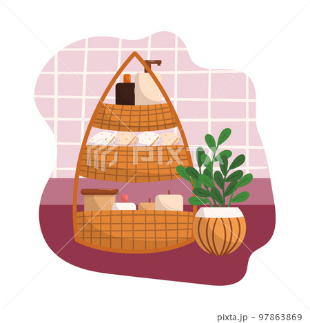 Bathroom Bamboo Shelf With Towels And Cosmetics For Body, Skin And Hair Care. Beauty Products, Accessories, Cream Jars 97863869