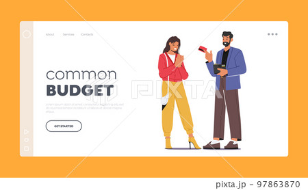 Common Budget Landing Page Template. Husband or Friend Gives Credit Card To Cheerful Wife or Girlfriend, Illustration Common Budget Landing Page Template. Husband or Friend Gives Credit Card To Cheerful Wife or Girlfriend, Illustration 97863870