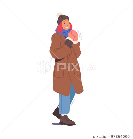 Freezing Female Character Wrapped in Warm Winter Clothes, Hat, Scarf, Mittens and Boots Shivering due to Minus Degree Freezing Female Character Wrapped in Warm Winter Clothes, Hat, Scarf, Mittens and Boots Shivering due to Minus Degree 97864000