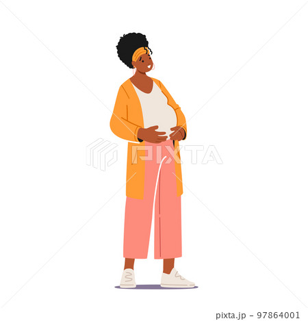 Beautiful African Pregnant Woman Waiting Baby, Pregnancy Concept. Young Mother Hold Belly Isolated on White Background 97864001
