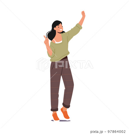 Young Woman Dance Isolated on White Background. Happy Female Character Moving Body by Music Rhythms, Recreation 97864002