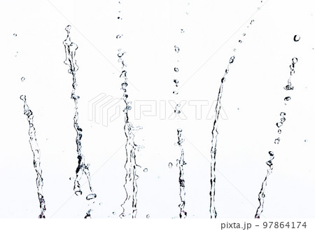 Shape form droplet of Water splashes into drop water line tube attack fluttering in air and stop motion freeze shot. Splash Water for texture graphic resource elements, White background isolated 97864174
