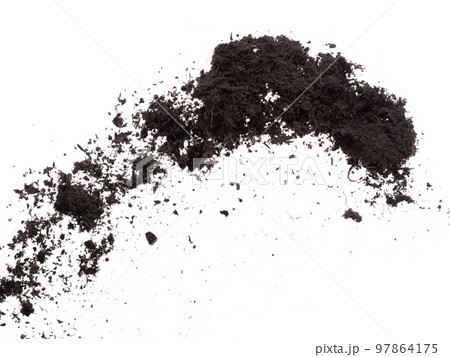 Black Fertilize Soil ready to planting, good organic soils with root for garden farming, fine detail of soil throw fly in air with dust dirty. High speed freeze shot over White background Isolated. 97864175