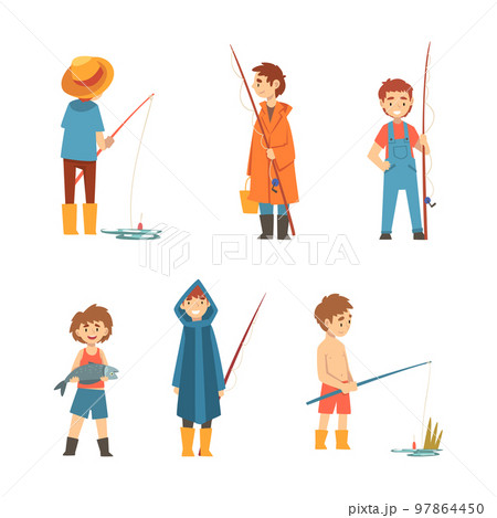 Happy people enjoying fishing set. Male characters standing with fishing rods cartoon vector illustration Happy people enjoying fishing set. Male characters standing with fishing rods cartoon vector illustration 97864450