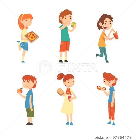 Children refusing healthy food prefer fast food dishes set. Picky kids rejecting vegetables and fruit cartoon vector illustration 97864478