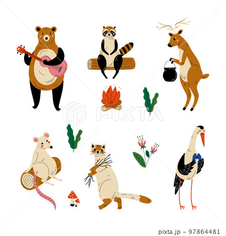 Forest animals hiking on nature set. Bear, raccoon, deer, rat, stork playing guitar, cooking and sitting near bonfire cartoon vector illustration 97864481