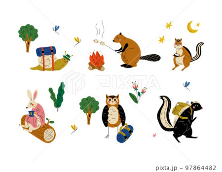 Forest animals hiking on nature set. Chipmunk, beaver, snail, rabbit, owl walking with backpack, roasting marshmallow on bonfire cartoon vector Forest animals hiking on nature set. Chipmunk, beaver, snail, rabbit, owl walking with backpack, roasting marshmallow on bonfire cartoon vector 97864482