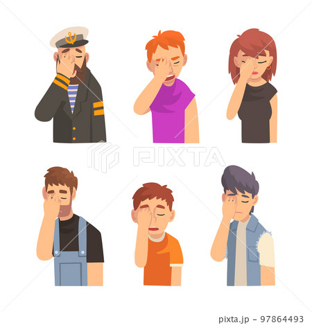 Different people showing facepalm gestures set. Men and women feeling disbelief, headache, disappointment or shame and covering their eyes with hand cartoon vector illustration 97864493