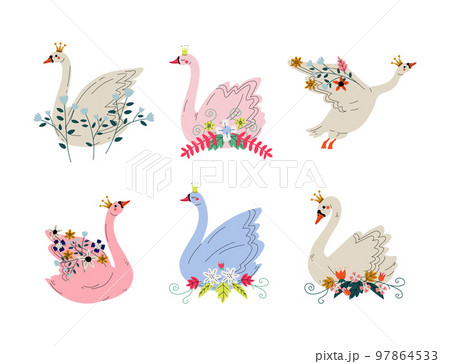 Beautiful swan princesses set. Swan with white, pink and blue plumage, golden crown and flowers cartoon vector illustration 97864533