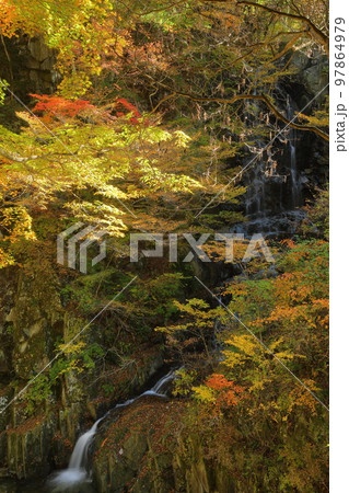 山梨県山梨市三富上釜口　笛吹川に架かる滝　名瀑一之釜の隣に流れる釜沢の滝の紅葉 97864979