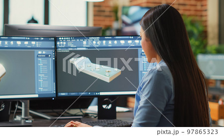 Digital 3d creator improving industrial prototype component using advanced software, developing machinery on cad interface. Creative technician creating craphic model, mechanical product. 97865323