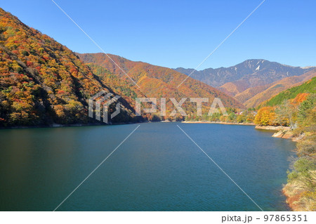 山梨県山梨市三富　広瀬ダム湖の周りを囲む湖畔の紅葉 97865351