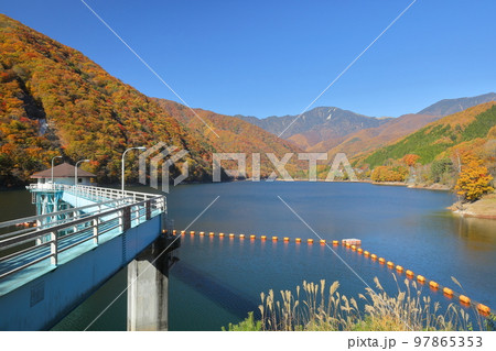 山梨県山梨市三富　広瀬ダム湖の周りを囲む湖畔の紅葉 97865353