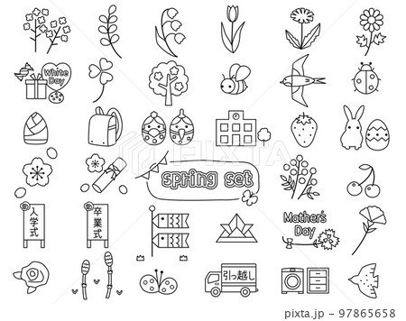 ひな祭りや桜などの春の行事や植物をイメージしたイラストのセット　線画・塗り絵バージョン 97865658