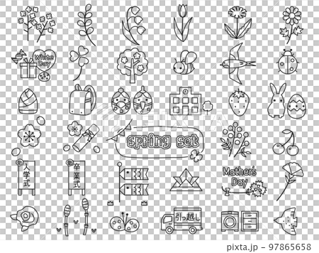 ひな祭りや桜などの春の行事や植物をイメージしたイラストのセット　線画・塗り絵バージョン 97865658