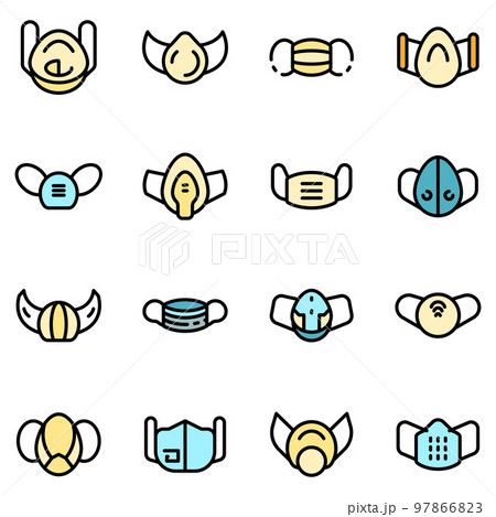 Medical mask icons set. Outline set of medical mask vector icons thin line color flat on white Medical mask icons set. Outline set of medical mask vector icons thin line color flat on white 97866823