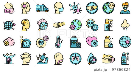 Coronavirus icons set. Outline set of coronavirus vector icons thin line color flat on white Coronavirus icons set. Outline set of coronavirus vector icons thin line color flat on white 97866824