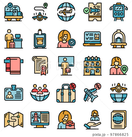 Tourism manager icons set. Outline set of tourism manager vector icons thin line color flat on white 97866825