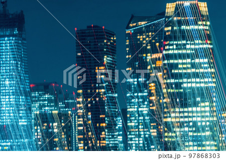 Abstract blurred bokeh neon light trails background 97868303