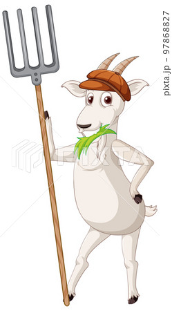 A goat standing on two legs and holding rake 97868827