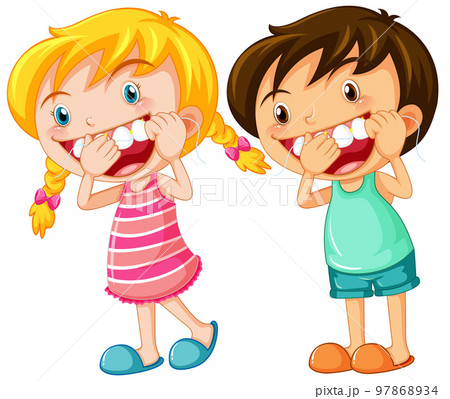 Cute kids cartoon character flossing teeth 97868934