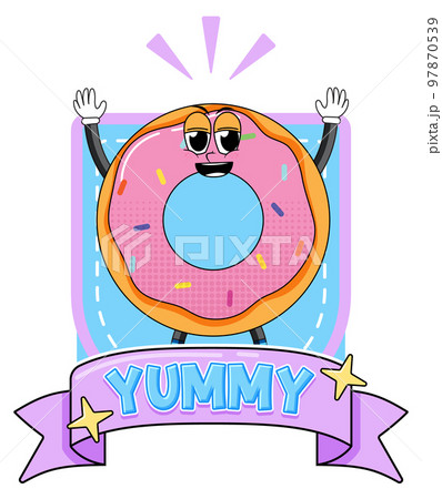 Donut cartoon character with yummy badge 97870539