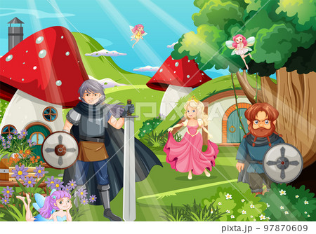 Enchanted scene with medieval cartoon characters 97870609