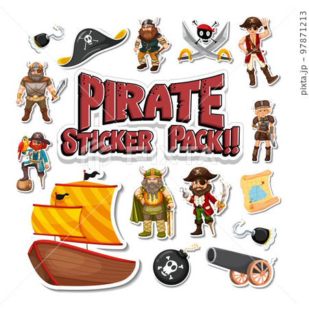 Sticker pack of pirate cartoon characters and objects 97871213