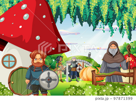 Enchanted scene with medieval cartoon characters Enchanted scene with medieval cartoon characters 97871399