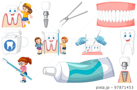 Set of dental equipments and cartoon characters 97871453