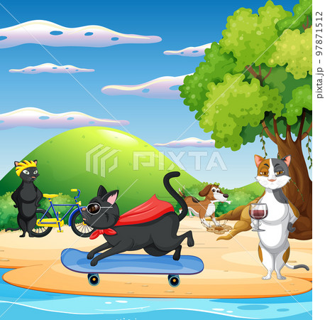 Domestic animals cartoon character on the beach 97871512