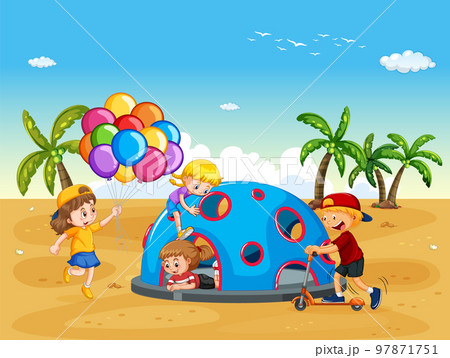 Beach playground with happy children Beach playground with happy children 97871751