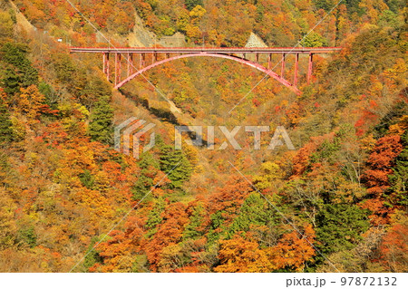 埼玉県秩父市大滝 彩甲斐街道雁坂大橋からの豆焼橋と滝川渓谷の紅葉の景色 埼玉県秩父市大滝 彩甲斐街道雁坂大橋からの豆焼橋と滝川渓谷の紅葉の景色 97872132