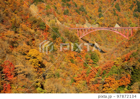 埼玉県秩父市大滝　彩甲斐街道雁坂大橋からの豆焼橋と滝川渓谷の紅葉の景色 97872134