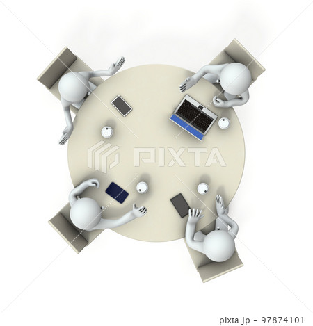 円卓に集い、打合せする4人のビジネスマン。熱心に話し合う。建設的で有意義な雰囲気。のイラスト素材 [97874101] - PIXTA