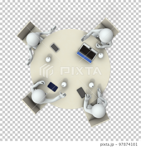 円卓に集い、打合せする4人のビジネスマン。熱心に話し合う。建設的で有意義な雰囲気。 97874101