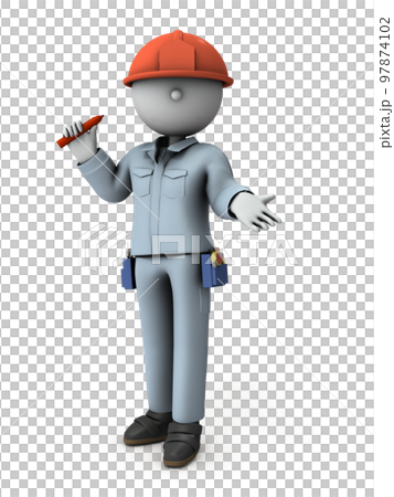 ヘルメットを着用した作業着姿のエンジニア。ペンを持ち、歓迎の姿勢。打ち合わせでの説明。 97874102