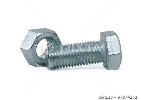 Full thread hexagon bolt and nut isolated on white 97874253