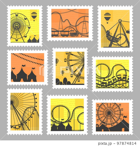Postal stamp set with fair carousels silhouette Postal stamp set with fair carousels silhouette 97874814