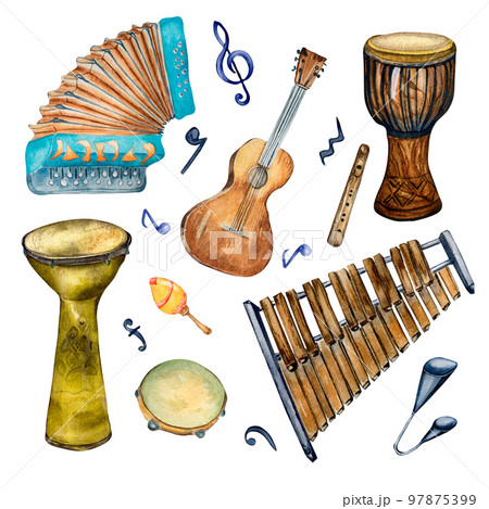 Set of variouse percussion musical instruments watercolor illustration isolated. 97875399