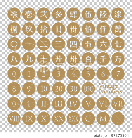 かすれたビンテージ調の丸数字 漢数字・旧字大字・アラビア数字・ローマ数字のセット かすれたビンテージ調の丸数字 漢数字・旧字大字・アラビア数字・ローマ数字のセット 97875504