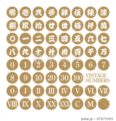 かすれたビンテージ調の丸数字 漢数字・旧字大字・アラビア数字・ローマ数字のセット かすれたビンテージ調の丸数字 漢数字・旧字大字・アラビア数字・ローマ数字のセット 97875505