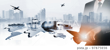 Successful business of logistics , there are world map with logistic network distribution on background and Logistics Industrial Container Cargo freight ship for Concept of fast or instant shipping 97875656