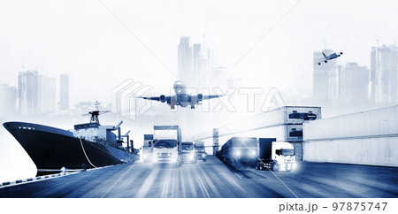 logistics , there are world map with logistic network distribution on background and Logistics Industrial Container Cargo freight ship for Concept of fast or instant shipping 97875747