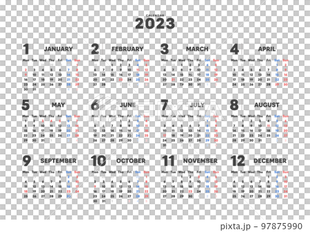 2023年簡單年曆-日本節假日,週一開始,12個月,1年日曆-A4比例 2023年簡單年曆-日本節假日,週一開始,12個月,1年日曆-A4比例 97875990