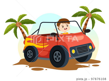 Off Road Illustration with Little Kids Driving a Jeep to Drive Through Sand Terrain in Flat Extreme Sport Cartoon Hand Drawn Template 97876108