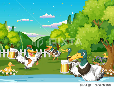 Outdoor scene with cartoon ducks Outdoor scene with cartoon ducks 97876466