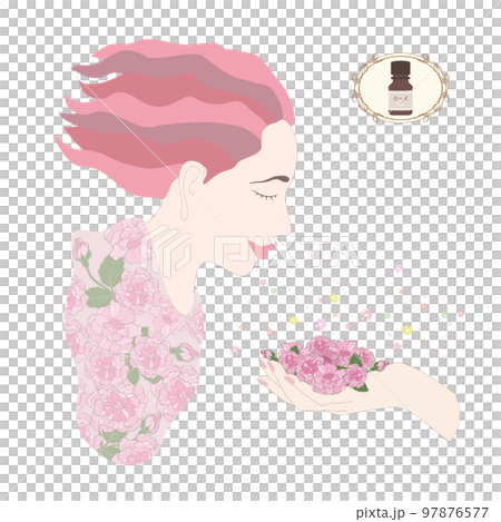 Woman smelling the scent of roses, fragrance, essential oil, aroma, flower scent Woman smelling the scent of roses, fragrance, essential oil, aroma, flower scent 97876577