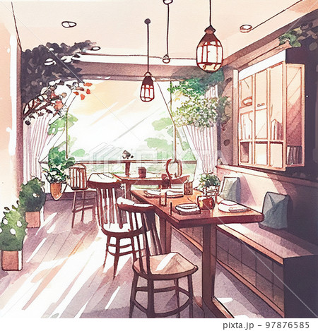 水彩画　おしゃれなレストラン　AI画像 97876585